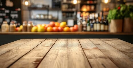 Wall Mural - Wooden table, cafe backdrop, fruit display, advertising