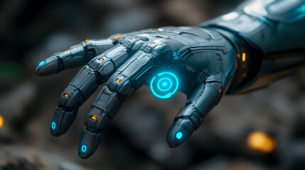 Poster - A futuristic robotic hand with glowing blue accents, showcasing intricate mechanical details against a blurred background