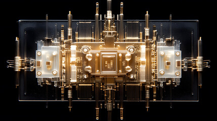 Poster - A futuristic, intricate golden structure with numerous metallic components, resembling advanced technology or a quantum computer, set against a black background