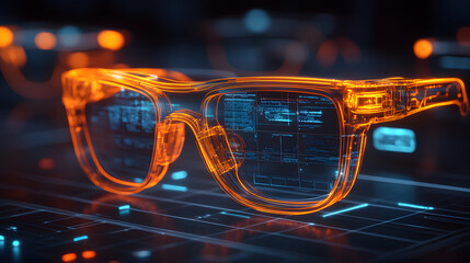 Poster - A pair of futuristic, orange-tinted glasses sits on a digital surface, highlighting technology and innovation