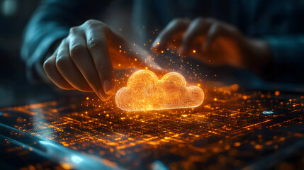 Poster - A glowing cloud symbol is created by hands above a digital interface, representing cloud technology and data management