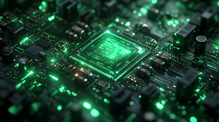 Poster - A close-up view of a glowing green microchip on a circuit board, showcasing intricate patterns and electronic components