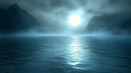 Poster - A serene and mystical landscape featuring a moonlit sea surrounded by foggy mountains, creating an ethereal atmosphere