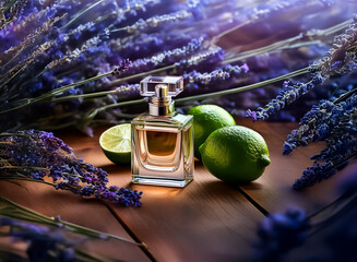 Poster - A glass perfume bottle sits on a wooden surface, surrounded by lavender sprigs and limes.  The scene evokes a calming, refreshing scent.