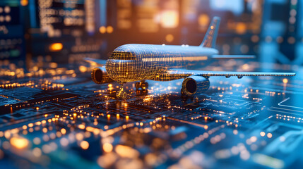 Aufkleber - A futuristic airplane model is illuminated against a digital cityscape, blending aviation and technology in a vibrant, high-tech environment