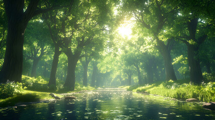 Poster - A serene forest scene with lush greenery, sunlight filtering through trees, and a calm river reflecting the vibrant nature