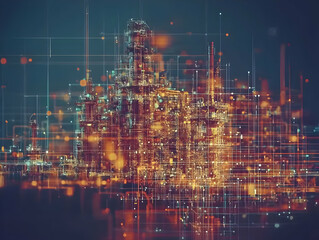 Poster - Digital factory at night, network connections. Industry visualization