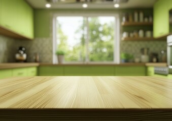 Wall Mural - Light wood kitchen counter, green cabinets, garden view, product display