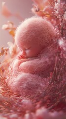 Poster - Hyperrealistic 8k image of a peacefully sleeping fetus in a maternal belly illuminated by warm pink light capturing intricate details like tiny fingers and delicate eyelashes
