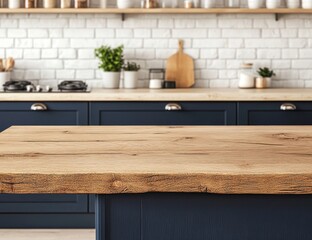 Wall Mural - Rustic kitchen island countertop, wooden, display, backdrop, shelving, advertisement