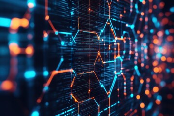 abstract digital network hexagon structure blue orange glow