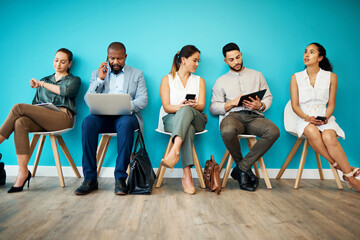 Poster - Business people, waiting room or internship with technology for career opportunity or job interview at office. Group, employees or candidates with laptop or phone in row for company info at workplace