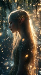Poster - Hyperrealistic closeup of an elf with straight hair wearing a long flowing dress adorned with a small crown standing before a majestic willow tree under a night aura filled with dancing fireflies