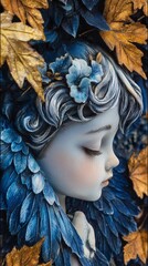 Poster - Hyperrealistic depiction of small angelic figure with soft fair skin and delicate feathered wings in dark and light blue tones The background features an ethereal autumn scene with warm golden leaves