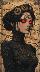 Fototapete - Hyperrealistic drawing of a beautiful woman in a vintage Victorian dress entangled in barbed wire with bright red eyes surrounded by sharp geometric occult symbols and gold chains