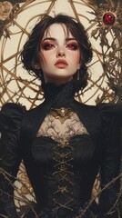 Poster - Hyperrealistic drawing of a beautiful woman in a vintage Victorian dress entangled in barbed wire with bright red eyes surrounded by sharp geometric occult symbols and gold chains