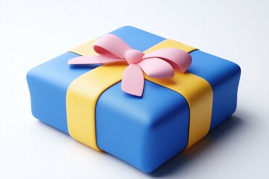 A colorful gift box with a blue exterior, yellow ribbon, and pink bow on top, set against a clean white background. 3d rendering cute illustration creative scene.