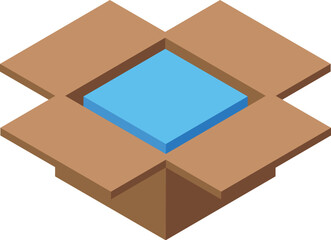 Poster - Open brown cardboard box containing blue package, isometric delivery and unboxing concept