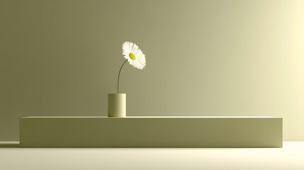 Sticker - Single White Daisy Flower in Minimalist Vase on Olive Green Platform