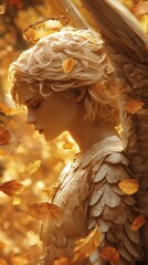 Poster - Hyperrealistic image of an angelic figure with a halo and soft curly hair blending into an autumn scene The warm golden hues create a magical atmosphere as leaves fall around the delicate angel