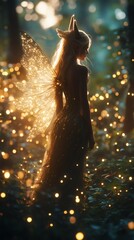 Poster - Hyperrealistic image of an enchanted forest alive with fireflies A halfelf halfpixie woman with pointed ears and iridescent wings stands amidst the magical glow in shimmering attire