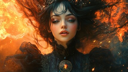 Poster - Hyperrealistic masterpiece of a gothic woman with a steampunk medallion and gemstone crown her hair flying wildly black background with twotone lighting and a vibrant explosion surrounding her