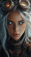 Poster - hyperrealistic portrait of a fierce steampunk warrior woman with flowing silver hair wearing detaile