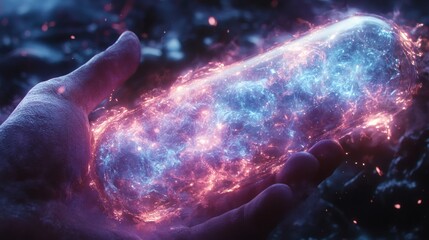 Poster - Hyperrealistic rendering of a hand holding a crystalclear capsule with a storm of electric bluepurple light swirling within The scene is filled with an air of mystery and dramatic tension