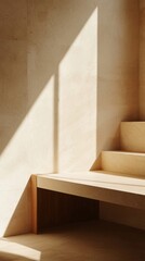 Aufkleber - Natural light pours through a window, casting geometric shadows on the smooth surface of a modern stairway. The muted palette enhances the calming ambiance of the room