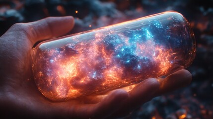 Poster - Hyperrealistic rendering of a hand holding a crystalclear capsule with a storm of electric bluepurple light swirling within The scene is filled with an air of mystery and dramatic tension