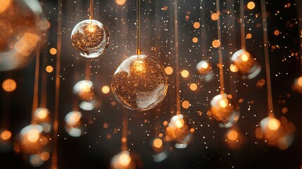 Poster - Beautifully Suspended Golden Orbs Illuminating Sparkling Space in a Dreamy Atmosphere for Unique Visual Appeal