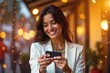 © Premium Illustration - Smiling young woman with dark hair and white blazer using smartphone technology in cozy warm evening urban cafe with bokeh lights ideal for social media, communication, lifestyle, business concepts b