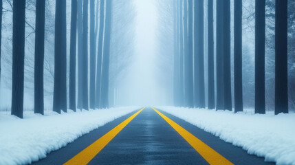 Wall Mural - serene road stretches through foggy forest, flanked by tall trees and snow. yellow lines guide way, creating tranquil yet mysterious atmosphere