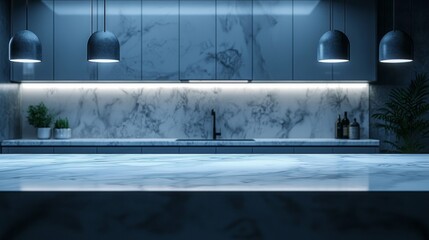 Aufkleber - Soft blue hues fill a sleek kitchen, showcasing elegant marble countertops and subtle pendant lights. The serene atmosphere invites creativity in culinary arts as shadows dance gently