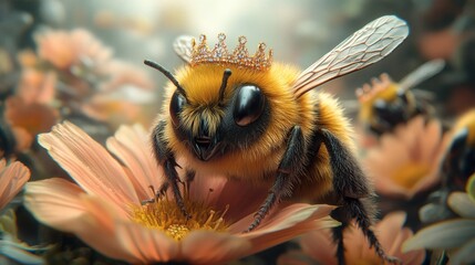 Poster - Joyful bee with a yellow and black striped body sings into a striped microphone atop a flower petal surrounded by a chorus of glittering crowned bees all basking in the warm colors of celebration