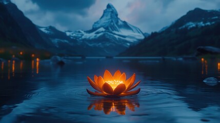 Wall Mural - Illuminated Lotus Flower Floating on Serene Mountain Lake