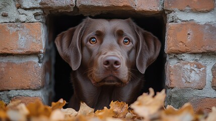 Poster - Joyful brown Labrador with soft expressive eyes looks through a large hole in a stone wall its floppy ears and shiny coat glistening in the sunlight exuding friendliness and curiosity