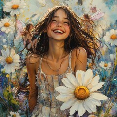 Poster - Joyful girl with long wild hair and freckles wearing a frayed strap dress and sandals laughs while holding a giant daisy set against a dreamy watercolor splash background with fairies