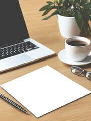 Poster - Creative workspace featuring blank paper, coffee, and greenery on a wooden desk for inspiration and productivity. Generative AI