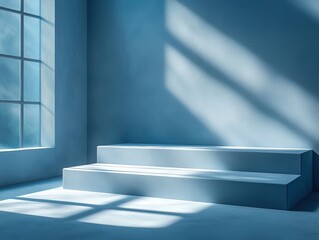 Poster - Serene Interior Scene Illuminated by Soft Blue Light Creating a Calm and Tranquil Atmosphere in a Minimalist Space