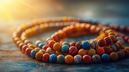 Poster - Colorful Beads on a Textured Surface with Soft Sunlight: A Realistic Close-Up View for Crafting and Design Inspiration