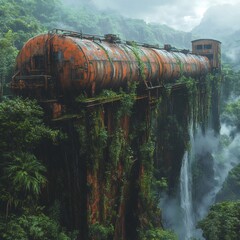 Fototapete - Large rusted tanker sits on the edge of a misty mountain cliff overgrown with moss and vines Banana trees surround it light rain and soft sun rays give the scene a haunting yet peaceful feel