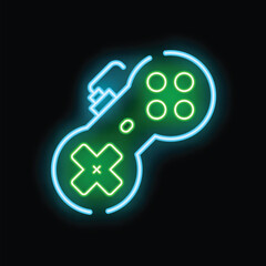 Poster - neon sign showing a game controller with glowing blue and green lights on a black background