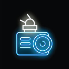 Poster - Blue neon icon of a radar detector with an antenna emitting radio waves, on a black background