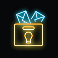 Poster - Neon glowing icon of a mailbox receiving mail symbolizing creative inbox marketing
