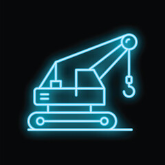 Poster - Glowing blue neon icon of a construction crane lifting with its hook