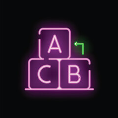 Poster - Neon sign illustrating alphabet blocks with a green arrow, symbolizing the concept of early childhood education and development