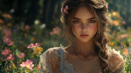 Poster - Magical brownhaired fairy in a lace dress surrounded by blooming flowers in a glade with darkcolored fabulous trees looming behind captured in hyperrealistic detail and enchanting atmosphere