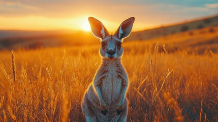 Wall Mural - Kangaroo at Sunset in Golden Grassland