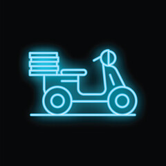 Poster - Bright blue neon sign depicting a scooter delivering pizza boxes